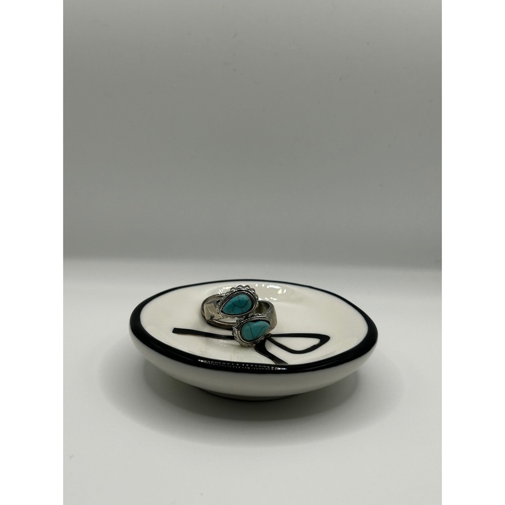 Black Bow Ceramic Trinket Dish Jewelry‎ Ring Tray White Gold - Picture 4 of 4